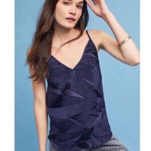 Anthropologie Floreat Crinkle Tank Top XS Navy Blue Spaghetti Strap Boho Classic